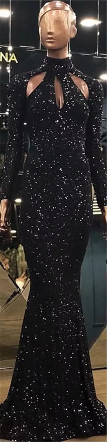 Black Green Long Sleeve Sexy Mermaid Prom Dress BM bride