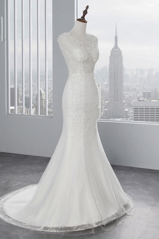 Jewel Neck Sleeveless Long Mermaid Wedding Dress with Tulle Lace Appliques BM bride