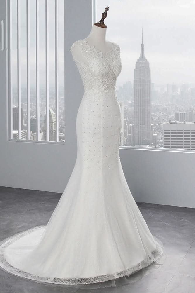 Jewel Neck Sleeveless Long Mermaid Wedding Dress with Tulle Lace Appliques BM bride