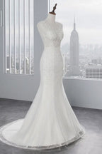 Jewel Neck Sleeveless Long Mermaid Wedding Dress with Tulle Lace Appliques BM bride