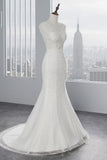 Jewel Neck Sleeveless Long Mermaid Wedding Dress with Tulle Lace Appliques BM bride