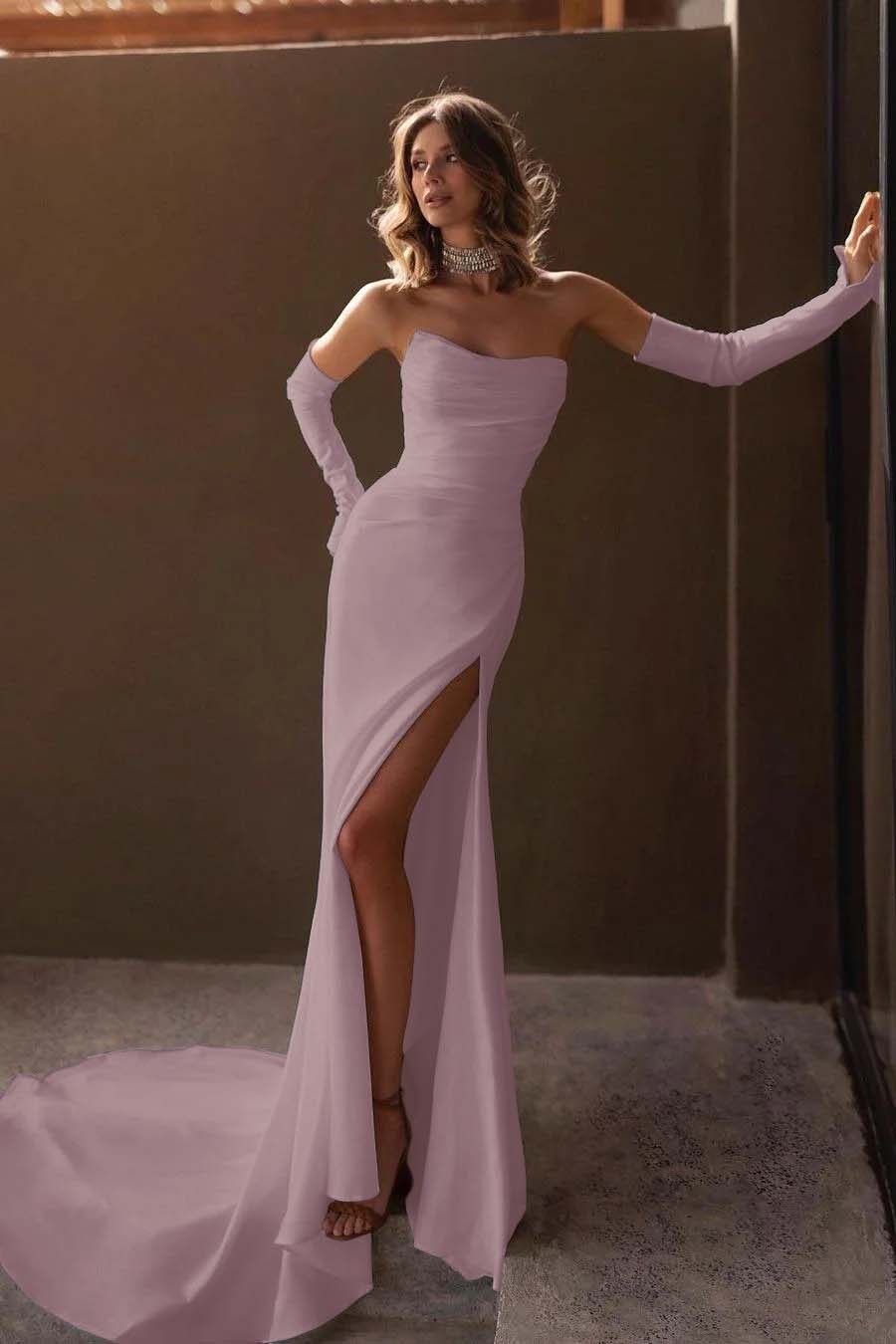 Strapless Detachable Sleeves Mermaid Long Prom Dress With Split BMBRIDE