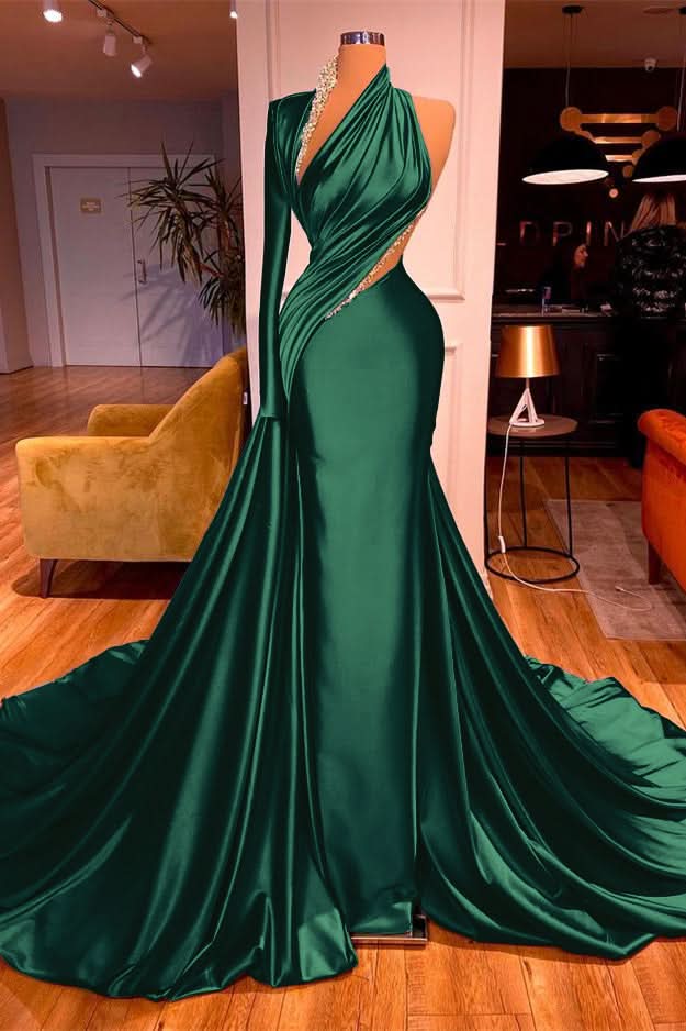 One-Shoulder Long Sleeves Mermaid Evening Dress Long with Beadings BM bride