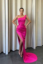 Rose Prom Dress One Shoulder Sleeveless With Pleated Side Split