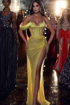 Yellow One Shoulder Sequins Mermaid Evening Dress with Sweetheart and Slit BM bride