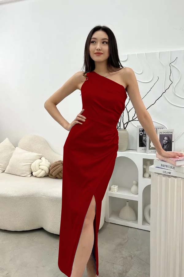 Chic Sleeveless One Shoulder Long Prom Dress With Pleated Split BMBRIDE