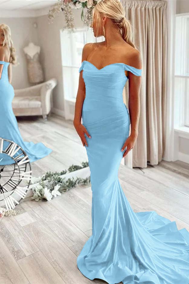 Off the Shoulder Sleeveless Mermaid Long Prom Dress With Pleated