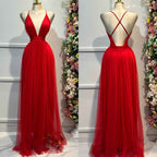 Tulle Halter Deep V Neck Sleeveless Backless Long Prom Dress