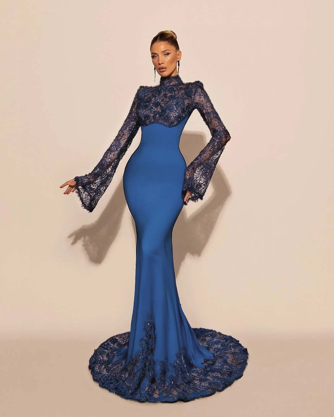 High Neck Lace Long Sleeves Long Mermaid Prom Dress With Pleated BMBRIDE