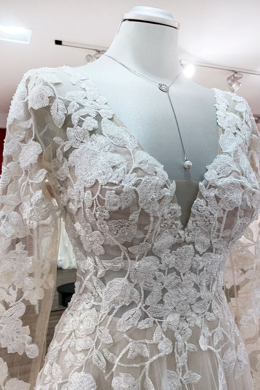 Long Sleeve A-Line Lace Wedding Dress with Open Back and Tulle Appliques BM bride