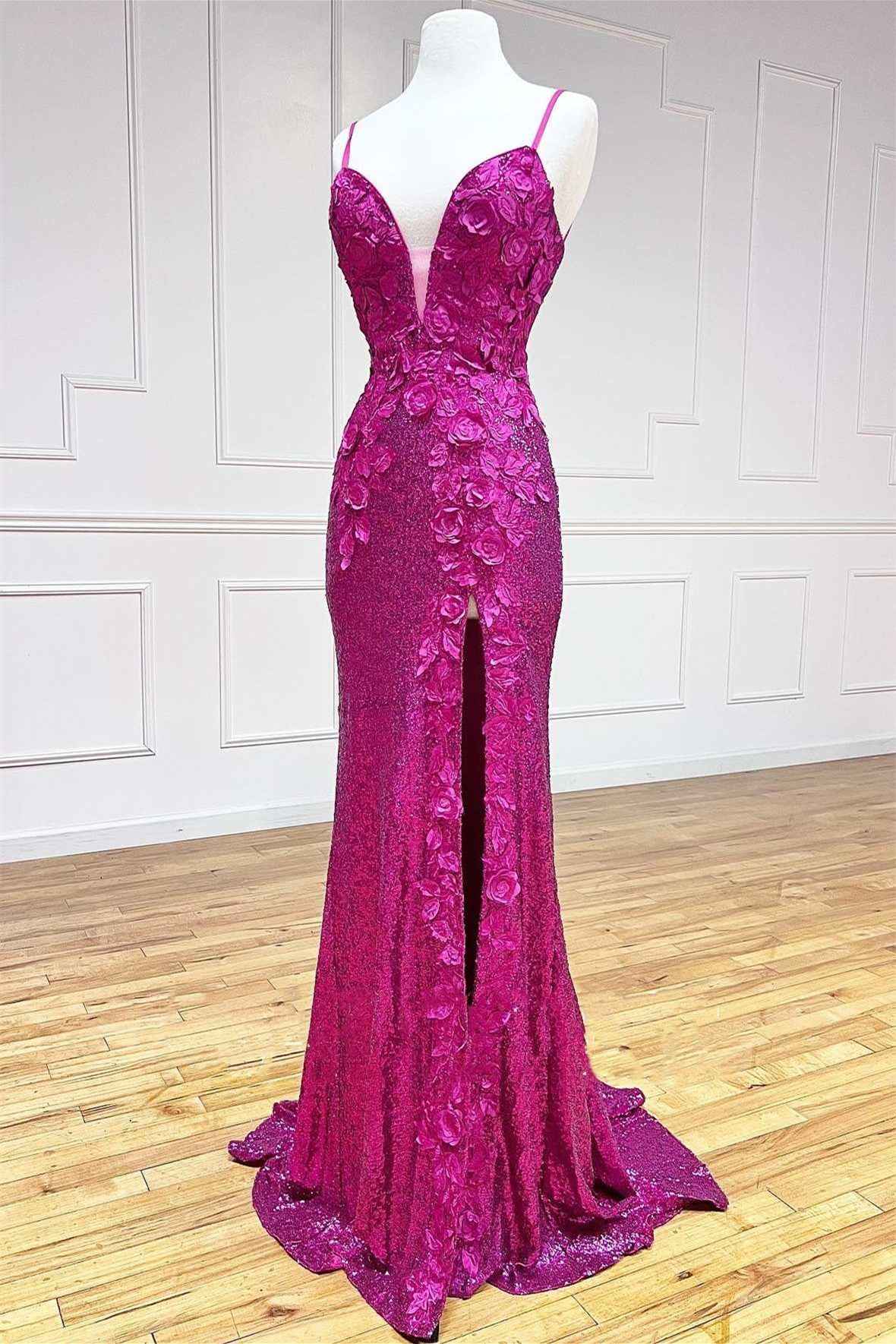 Glamorous Spaghetti Strap Mermaid  Prom Dress V Neck With Appliques Split