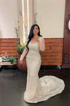 Charming Square Long Sleeves Mermaid Long Prom Dress With Bead Embroidery