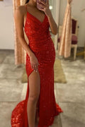 Red Spaghetti-Straps Sequined Evening Dress with Split BM bride