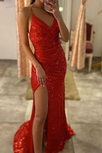 Red Spaghetti-Straps Sequined Evening Dress with Split BM bride