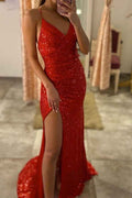 Red Spaghetti Strap Sleeveless Backless Split Prom Dress With Sequins