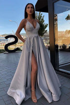 Elegant Spaghetti-Straps A-Line Evening Dress with Split and Pockets BM bride