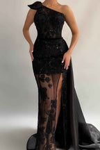 Sleeveless One Shoulder Long Mermaid Split Prom Dress With Appliques