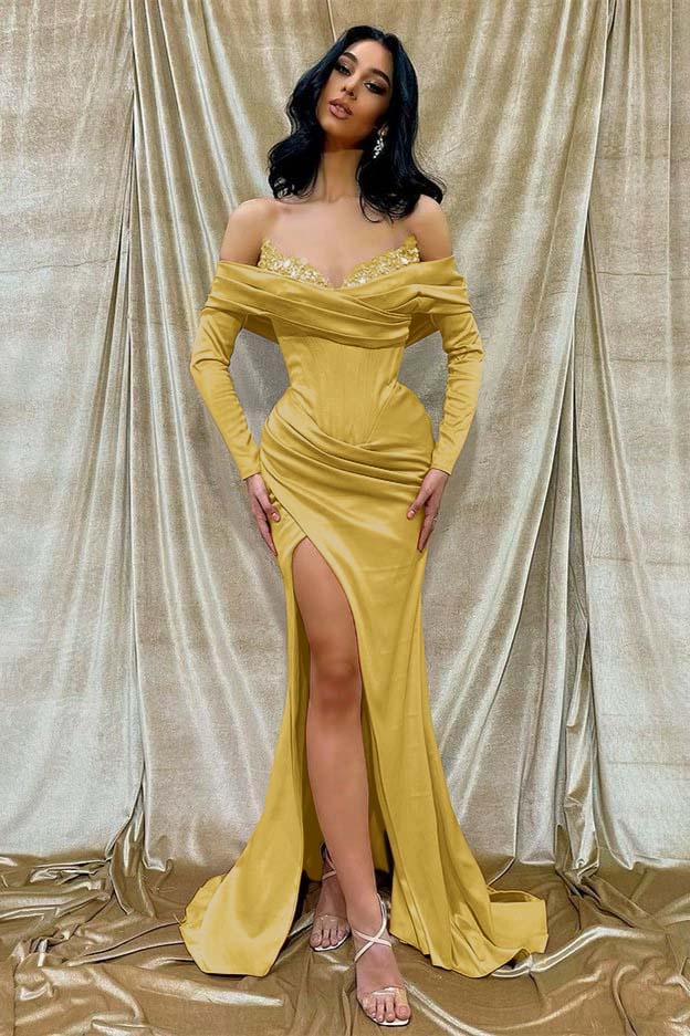 Off the Shoulder Long Sleeves Mermaid Long Prom Dress With Beading BMBRIDE