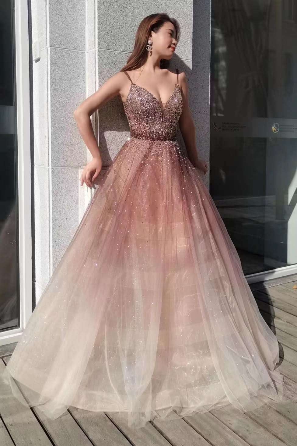 Ombre Spaghetti-Strap Deep V-Neck Tulle Prom Dress with Sequins and Beads BM bride