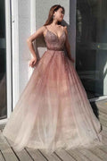 Spaghetti Strap Deep V Neck Tulle Prom Dress With Sequins Beading