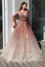 Spaghetti Strap Deep V Neck Tulle Prom Dress With Sequins Beading