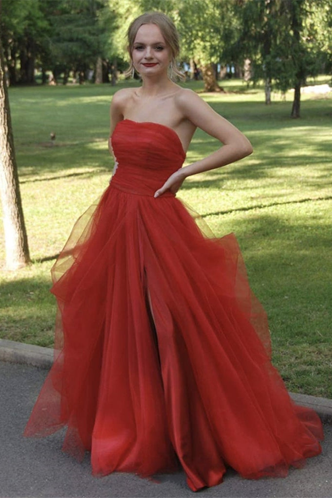 Strapless Tulle Long Prom Dress with Split BM bride