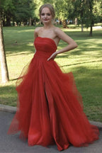 Strapless Tulle Long Prom Dress with Split BM bride