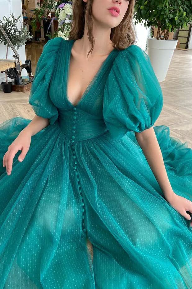 Dark Green V-Neck Short Sleeve A-Line Evening Dress On Sale BM bride