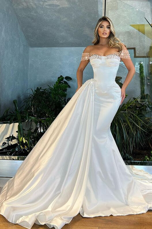 White Off-the-Shoulder Pearl Satin Mermaid Wedding Dress with Ruffles ED451 BM bride