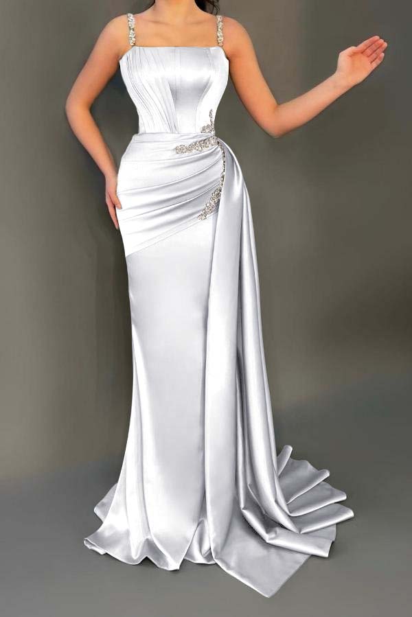 Spaghetti Strap Sleeveless Long Mermaid Prom Dress With Pleated Beading
