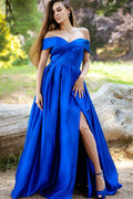 Stunning Royal Blue Off the Shoulder Split Long Elegant Prom Dress BMBRIDE