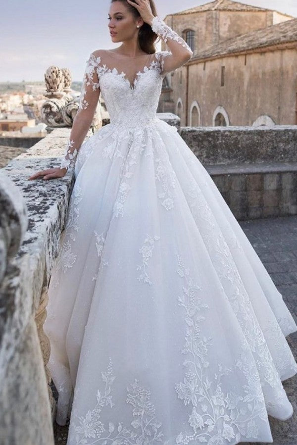 Chic Long Princess Sweetheart Wedding Dress with Floral Lace Appliques BM bride