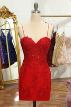 Red Spaghetti Straps Tight Short Homecoming Dress with Appliques Bmbride