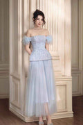 Strapless Off the Shoulder Long Prom Dress With Beading Tulle