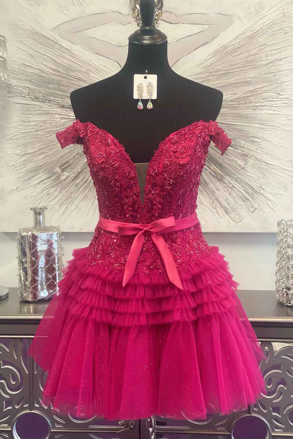 Sparkly Fuchsia Tiered A-Line Tulle Short Homecoming Dress with Lace Bmbride
