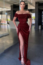 Lilac Off-The-Shoulder Split Mermaid Prom Dress with Sequins BM bride