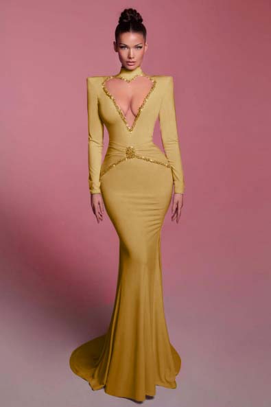 High Neck Long Sleeves Long Mermaid Prom Dress With Sequins BMBRIDE