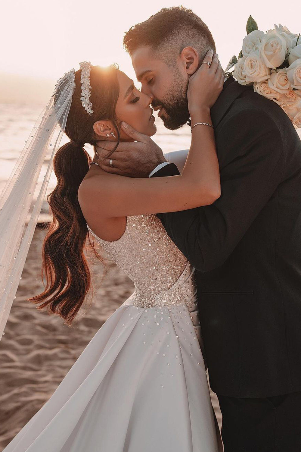 Charming One-Shoulder Long Sleeve A-Line Wedding Dress with Sequins BM bride