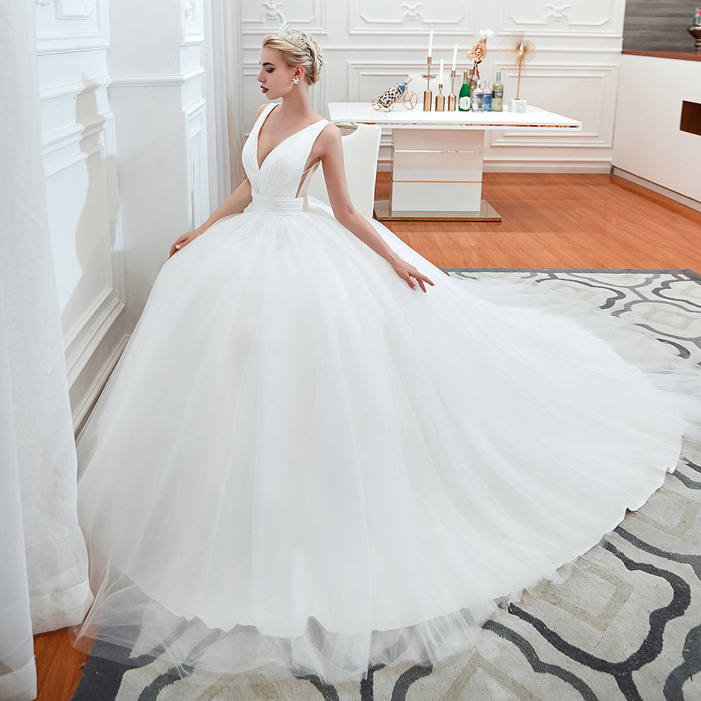 Wide Strap Deep V-Neck Floor-Length A-Line Wedding Dress with Tulle BM bride