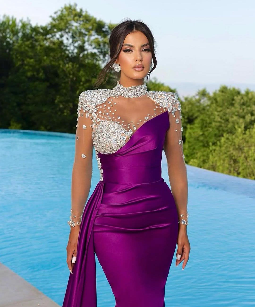 Long Purple Mermaid Prom Dress with Trail Beadings and Long Sleeves BM bride