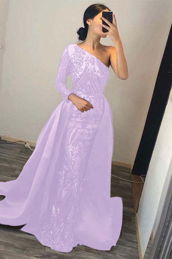 Dark Green Overskirt One Shoulder Long Sleeve Mermaid Prom Dress With Sequins BMBRIDE