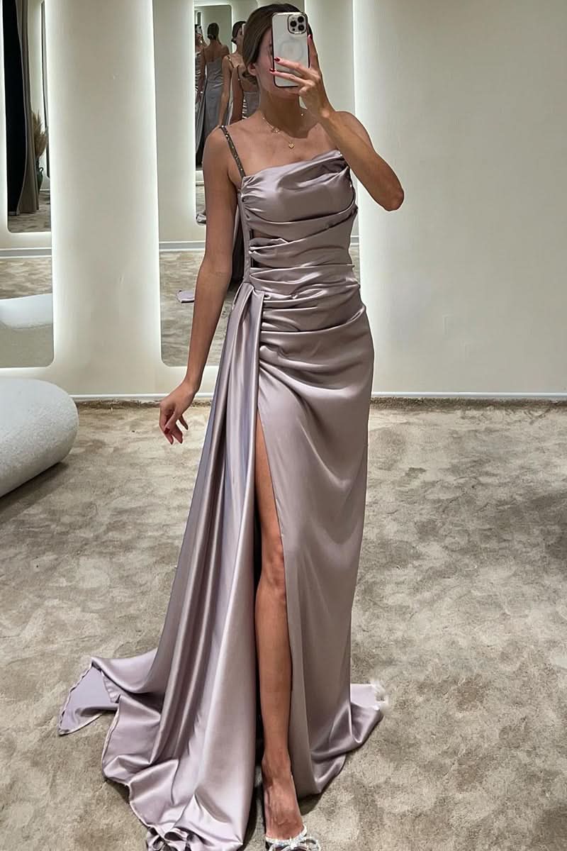 Royal Blue Spaghetti Strap Prom Dress with Slimming Pleated Split Mermaid Design BM bride