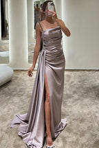 Royal Blue Spaghetti Strap Prom Dress with Slimming Pleated Split Mermaid Design BM bride