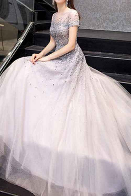 Gorgeous Tulle Long Prom Dress With Short Sleeves Sequins Online