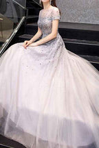 Gorgeous Tulle Long Prom Dress With Short Sleeves Sequins Online