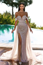 Gorgeous Off-The-Shoulder Sweetheart Mermaid Evening Dress with Sequins, Slit, and Tulle BM bride