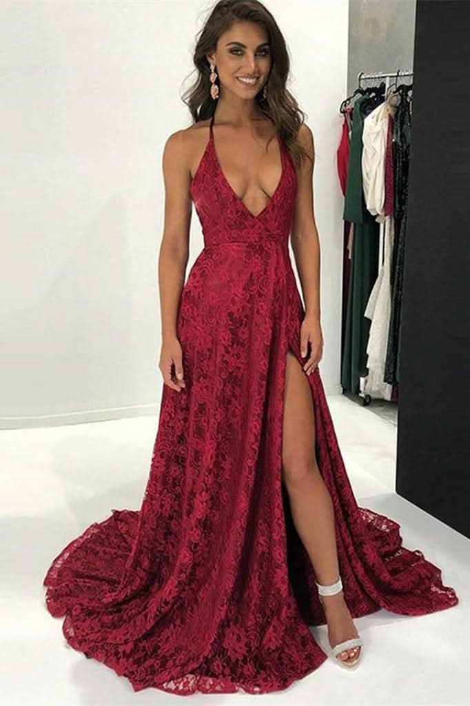 Burgundy Lace V-Neck Prom Dress BM bride
