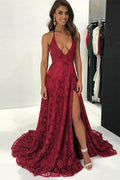 Burgundy Modern Halter Deep V Neck Backless Long Lace Prom Dress With Split BMBRIDE
