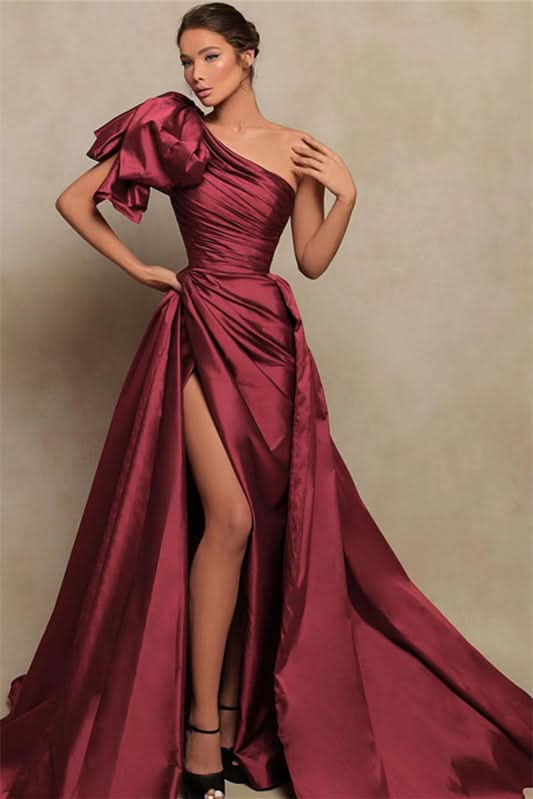 Vintage Burgundy One-Shoulder Mermaid Prom Dress with Slit BM bride