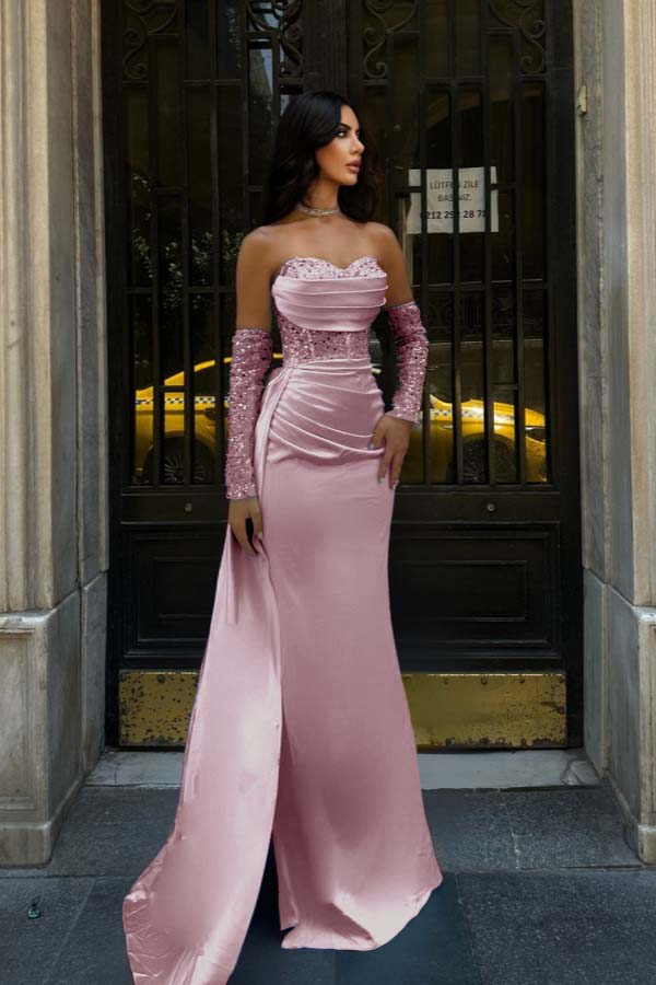 Sweetheart Strapless Sleeveless Long Mermaid Prom Dress With Pleated BMBRIDE